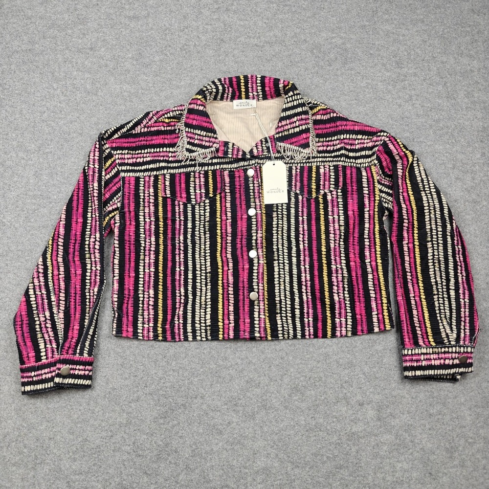 Emily Wonder Jacket Womens Large Multicolor Corduroy Rhinestone Collar Snap New